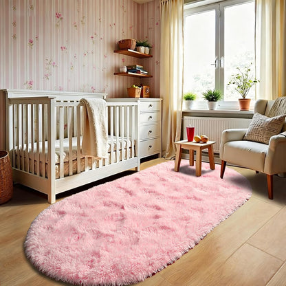 Bedroom Rug 2.6' x 5.3', Pink Fluffy Shaggy Area Rug for Kids Room