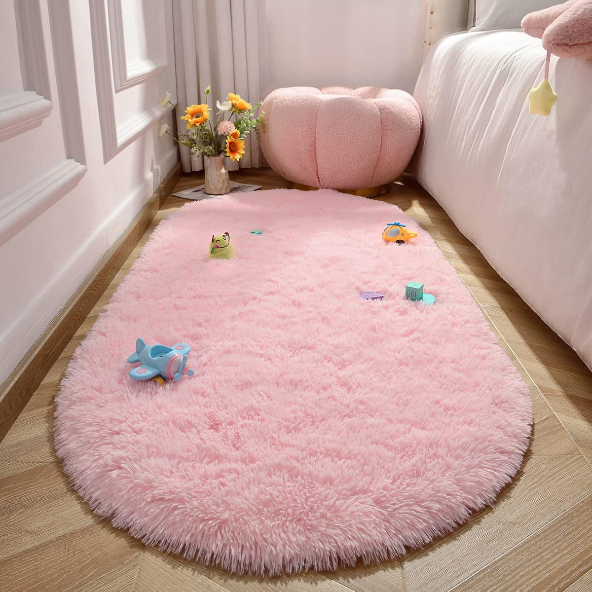 Bedroom Rug 2.6' x 5.3', Pink Fluffy Shaggy Area Rug for Kids Room