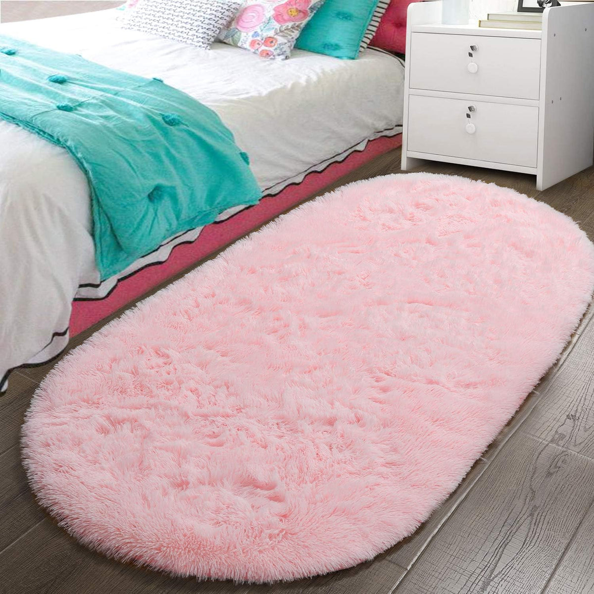 Bedroom Rug 2.6' x 5.3', Pink Fluffy Shaggy Area Rug for Kids Room