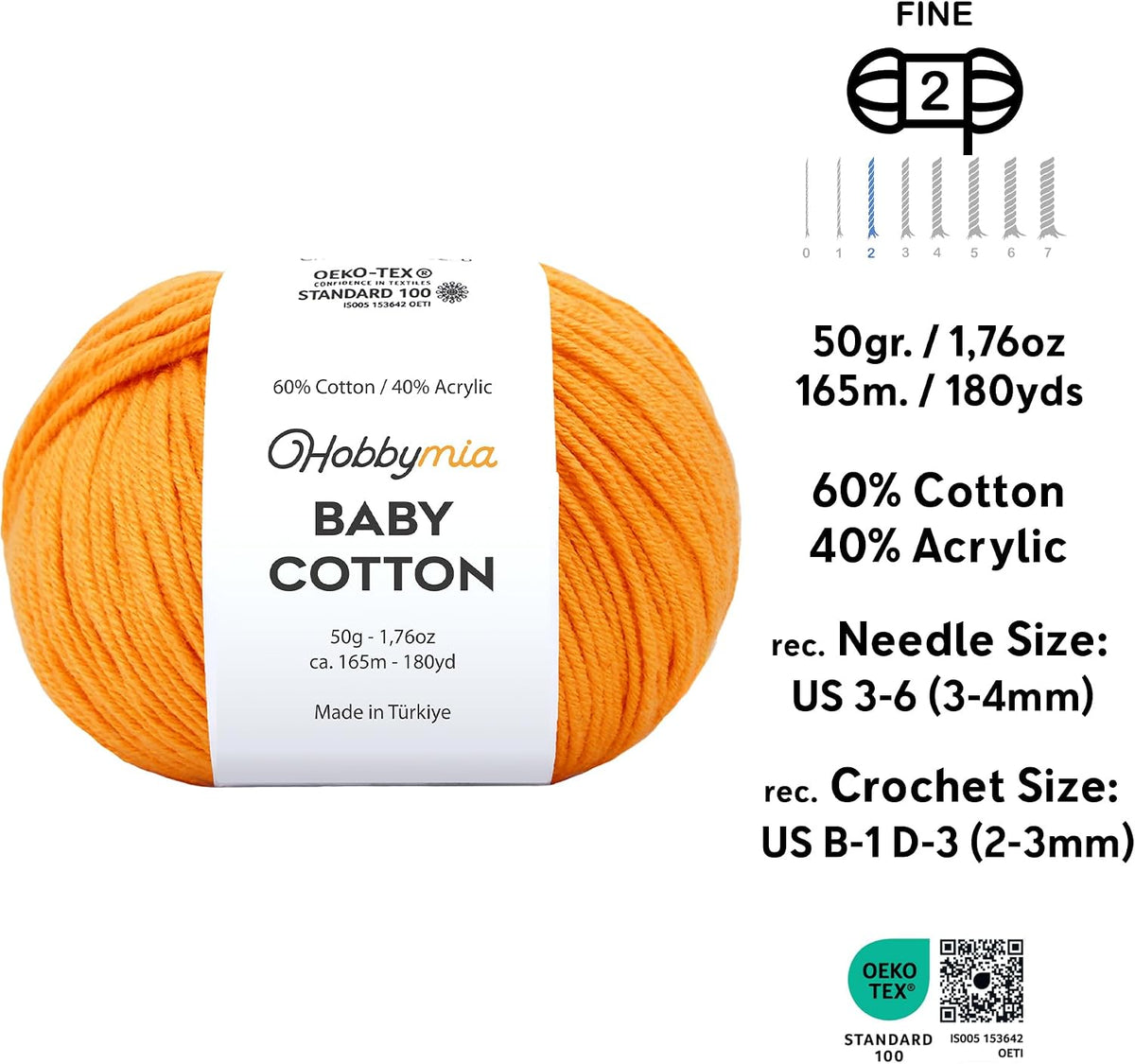 Baby Cotton Yarn – Sport Weight - 50g/180yds (Apricot, 1 Ball)