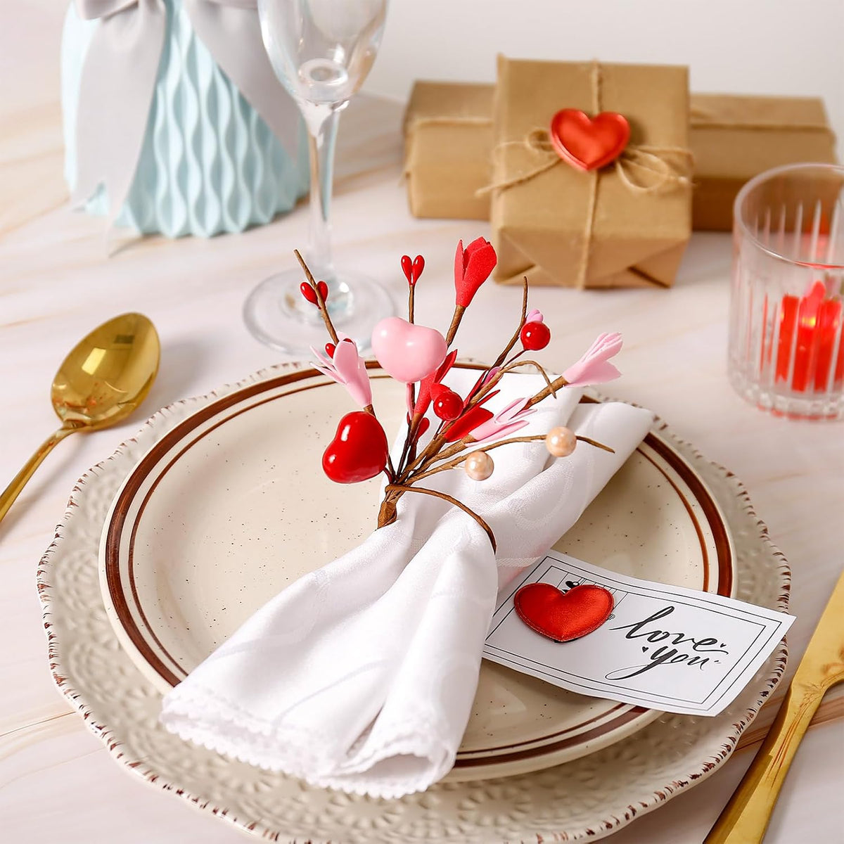 Handmade Valentine Napkin Rings Set of 12, Red Pink Heart Bead Floral Napkin Holder for Romantic Dinner, Proposal, Wedding Table Decorations