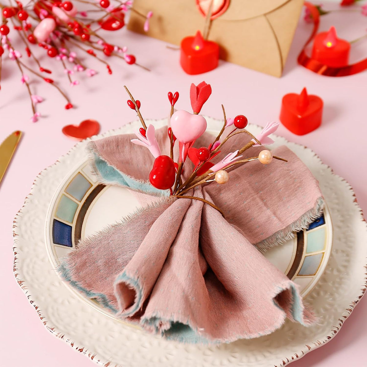 Handmade Valentine Napkin Rings Set of 12, Red Pink Heart Bead Floral Napkin Holder for Romantic Dinner, Proposal, Wedding Table Decorations