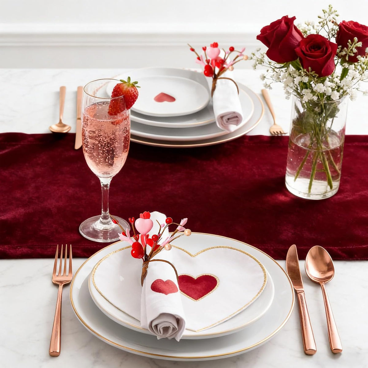 Handmade Valentine Napkin Rings Set of 12, Red Pink Heart Bead Floral Napkin Holder for Romantic Dinner, Proposal, Wedding Table Decorations