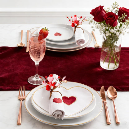 Handmade Valentine Napkin Rings Set of 12, Red Pink Heart Bead Floral Napkin Holder for Romantic Dinner, Proposal, Wedding Table Decorations