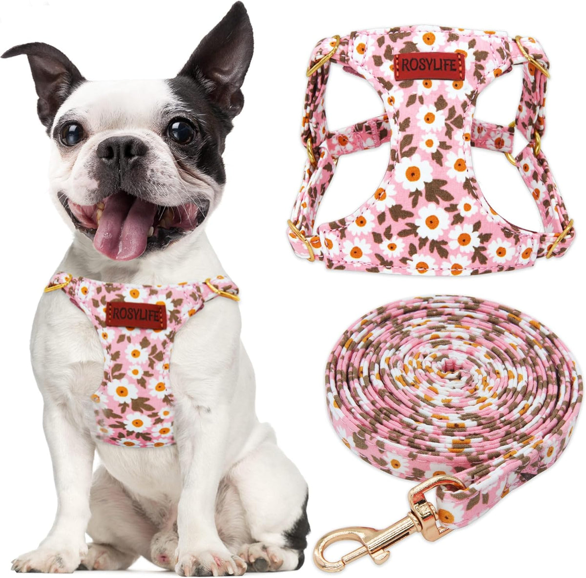 No Pull Dog Harness Adjustable Small Dog Harness and Leash Set, Lightweight and Soft Dog Harness No Choke Escape Proof Pet Harness Vest (Pink Daisy, S)