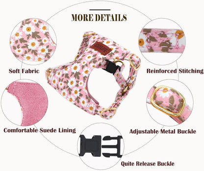 No Pull Dog Harness Adjustable Small Dog Harness and Leash Set, Lightweight and Soft Dog Harness No Choke Escape Proof Pet Harness Vest (Pink Daisy, S)