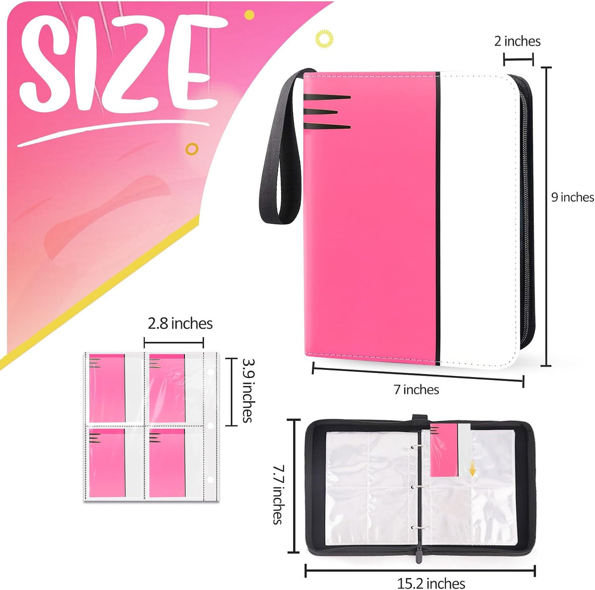 Card Binder 4 Pocket, Collectible Trading Card Albums Fits 400 Cards with 50 Removable Sleeves, Portable Trading Card Binder Collection Album Holder, Game Card Case book With Zipper for Gifts, Pink