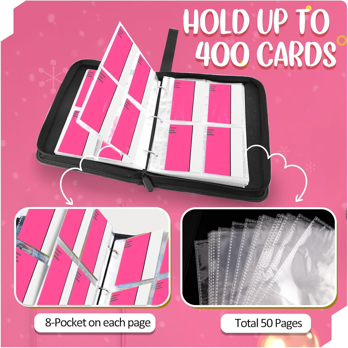 Card Binder 4 Pocket, Collectible Trading Card Albums Fits 400 Cards with 50 Removable Sleeves, Portable Trading Card Binder Collection Album Holder, Game Card Case book With Zipper for Gifts, Pink