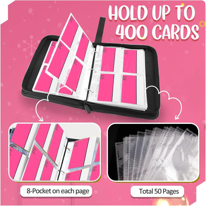 Card Binder 4 Pocket, Collectible Trading Card Albums Fits 400 Cards with 50 Removable Sleeves, Portable Trading Card Binder Collection Album Holder, Game Card Case book With Zipper for Gifts, Pink