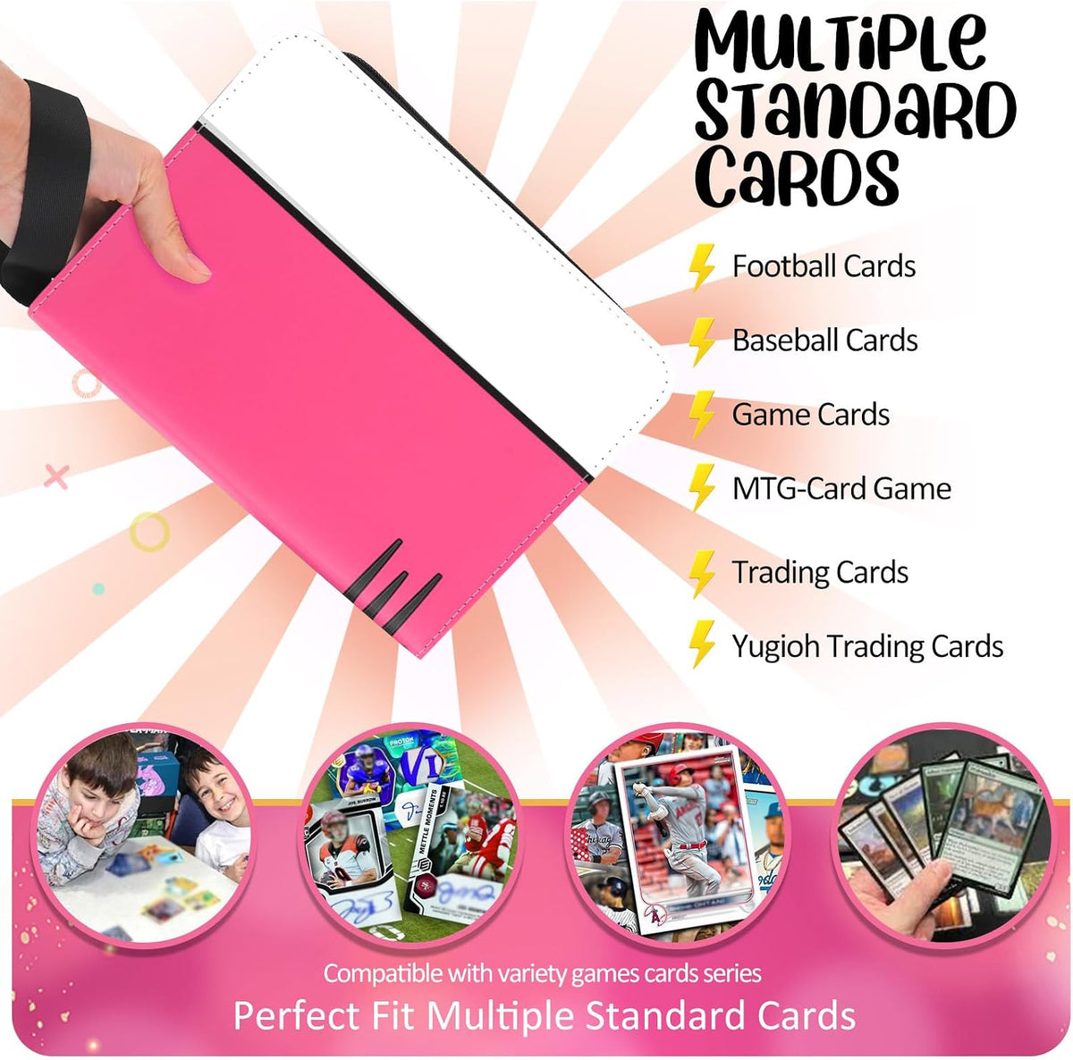 Card Binder 4 Pocket, Collectible Trading Card Albums Fits 400 Cards with 50 Removable Sleeves, Portable Trading Card Binder Collection Album Holder, Game Card Case book With Zipper for Gifts, Pink