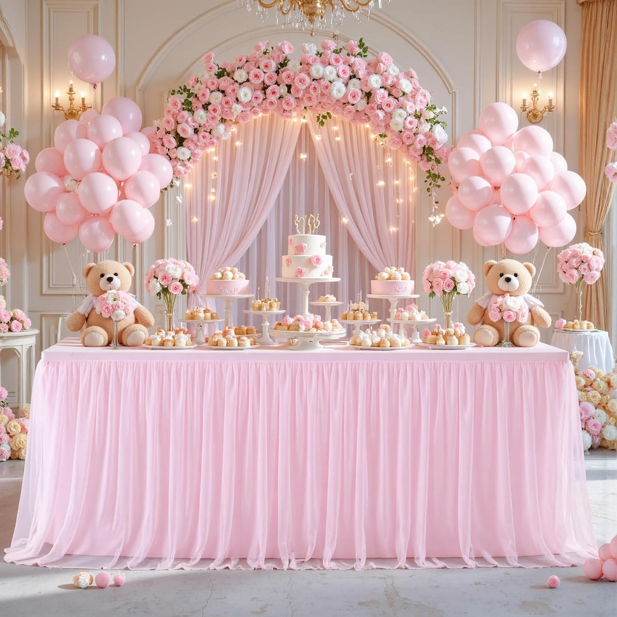 6ft Pink Tulle Tablecloth for Rectangle Tables 6 Foot Pink Table Cloth Rectangle Wrinkle Free Stretch Table Cover with Tutu Skirt for Baby Shower Girls Birthday Party Banquet Buffet Desk Skirt