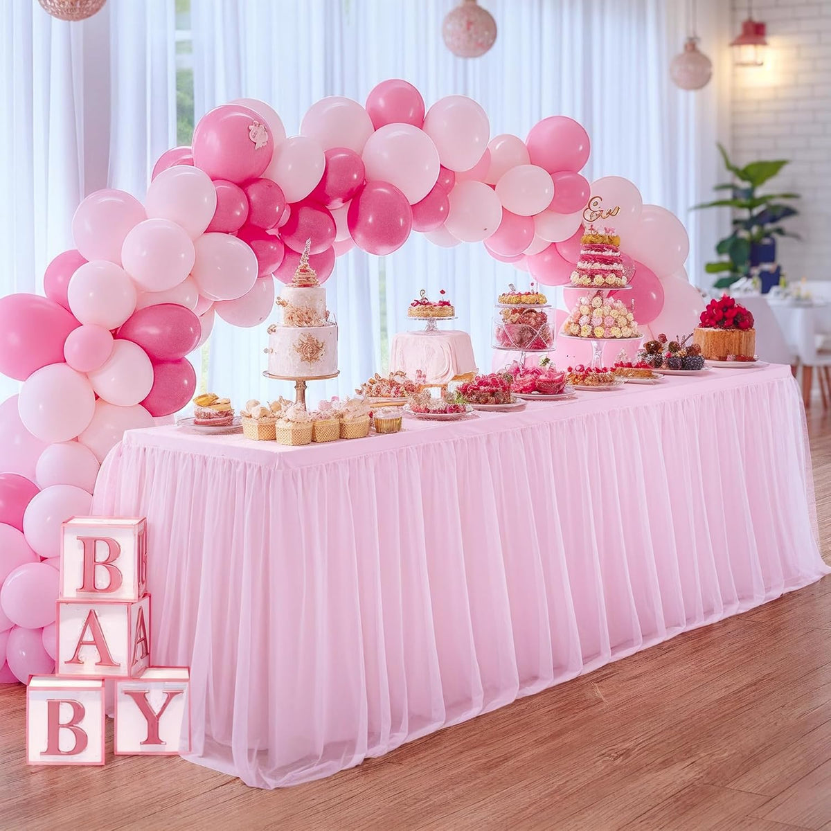 6ft Pink Tulle Tablecloth for Rectangle Tables 6 Foot Pink Table Cloth Rectangle Wrinkle Free Stretch Table Cover with Tutu Skirt for Baby Shower Girls Birthday Party Banquet Buffet Desk Skirt