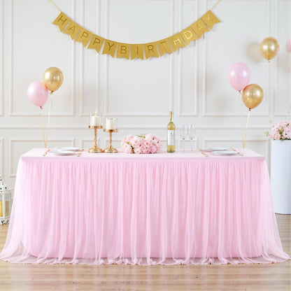 6ft Pink Tulle Tablecloth for Rectangle Tables 6 Foot Pink Table Cloth Rectangle Wrinkle Free Stretch Table Cover with Tutu Skirt for Baby Shower Girls Birthday Party Banquet Buffet Desk Skirt