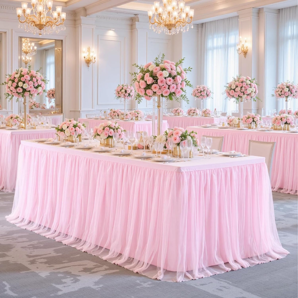 6ft Pink Tulle Tablecloth for Rectangle Tables 6 Foot Pink Table Cloth Rectangle Wrinkle Free Stretch Table Cover with Tutu Skirt for Baby Shower Girls Birthday Party Banquet Buffet Desk Skirt