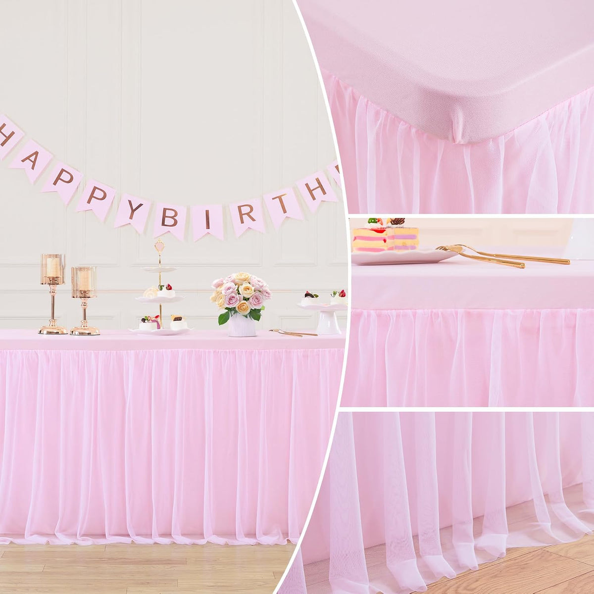 6ft Pink Tulle Tablecloth for Rectangle Tables 6 Foot Pink Table Cloth Rectangle Wrinkle Free Stretch Table Cover with Tutu Skirt for Baby Shower Girls Birthday Party Banquet Buffet Desk Skirt