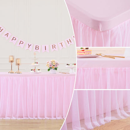 6ft Pink Tulle Tablecloth for Rectangle Tables 6 Foot Pink Table Cloth Rectangle Wrinkle Free Stretch Table Cover with Tutu Skirt for Baby Shower Girls Birthday Party Banquet Buffet Desk Skirt