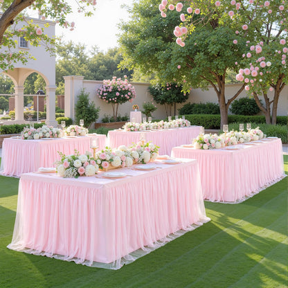 6ft Pink Tulle Tablecloth for Rectangle Tables 6 Foot Pink Table Cloth Rectangle Wrinkle Free Stretch Table Cover with Tutu Skirt for Baby Shower Girls Birthday Party Banquet Buffet Desk Skirt