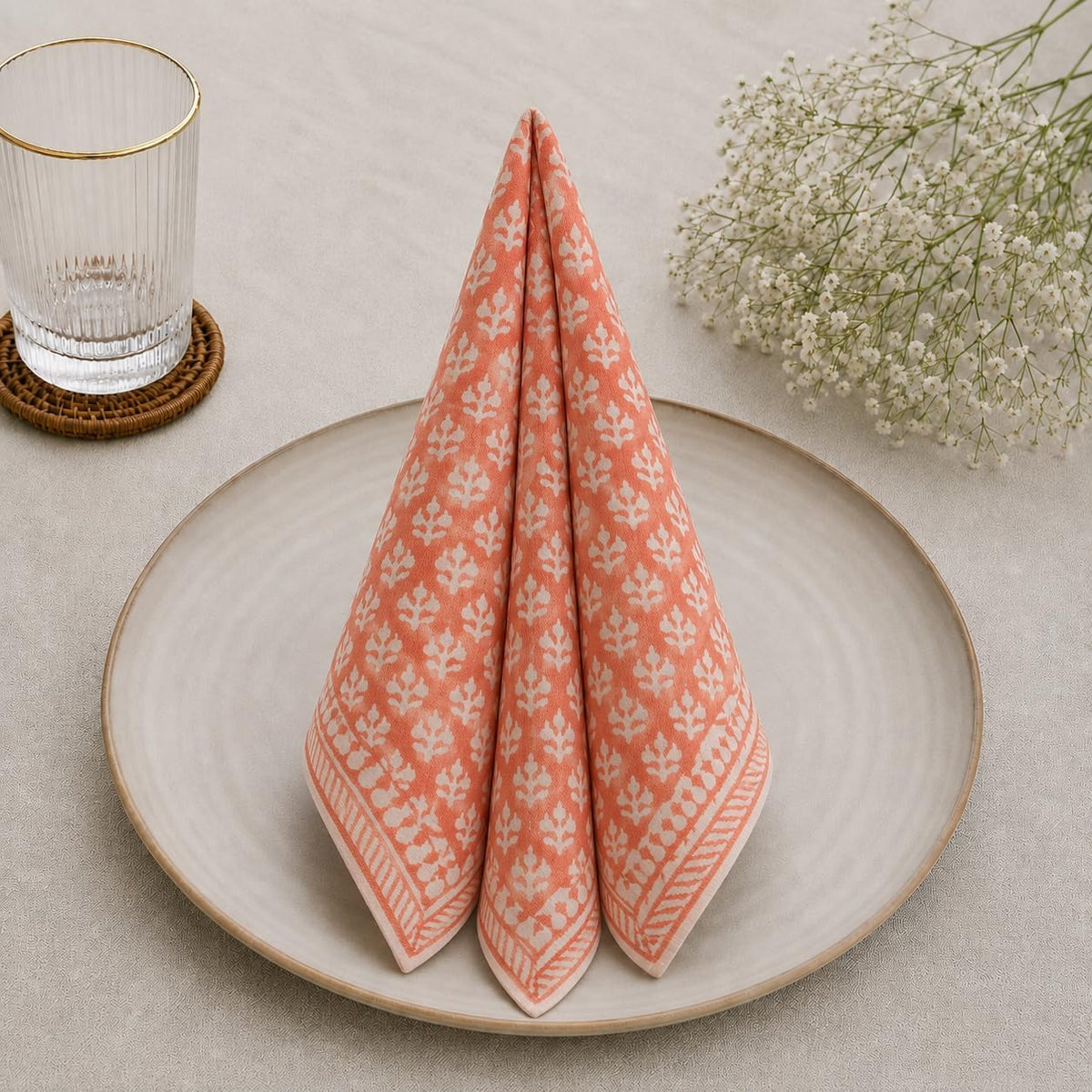 Handblock Print Cotton Cloth Fall Dinner Napkins (Set of 6), Washable, Reusable Napkins, 18" x 18"