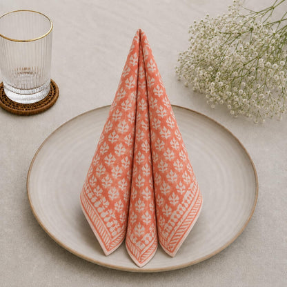 Handblock Print Cotton Cloth Fall Dinner Napkins (Set of 6), Washable, Reusable Napkins, 18" x 18"