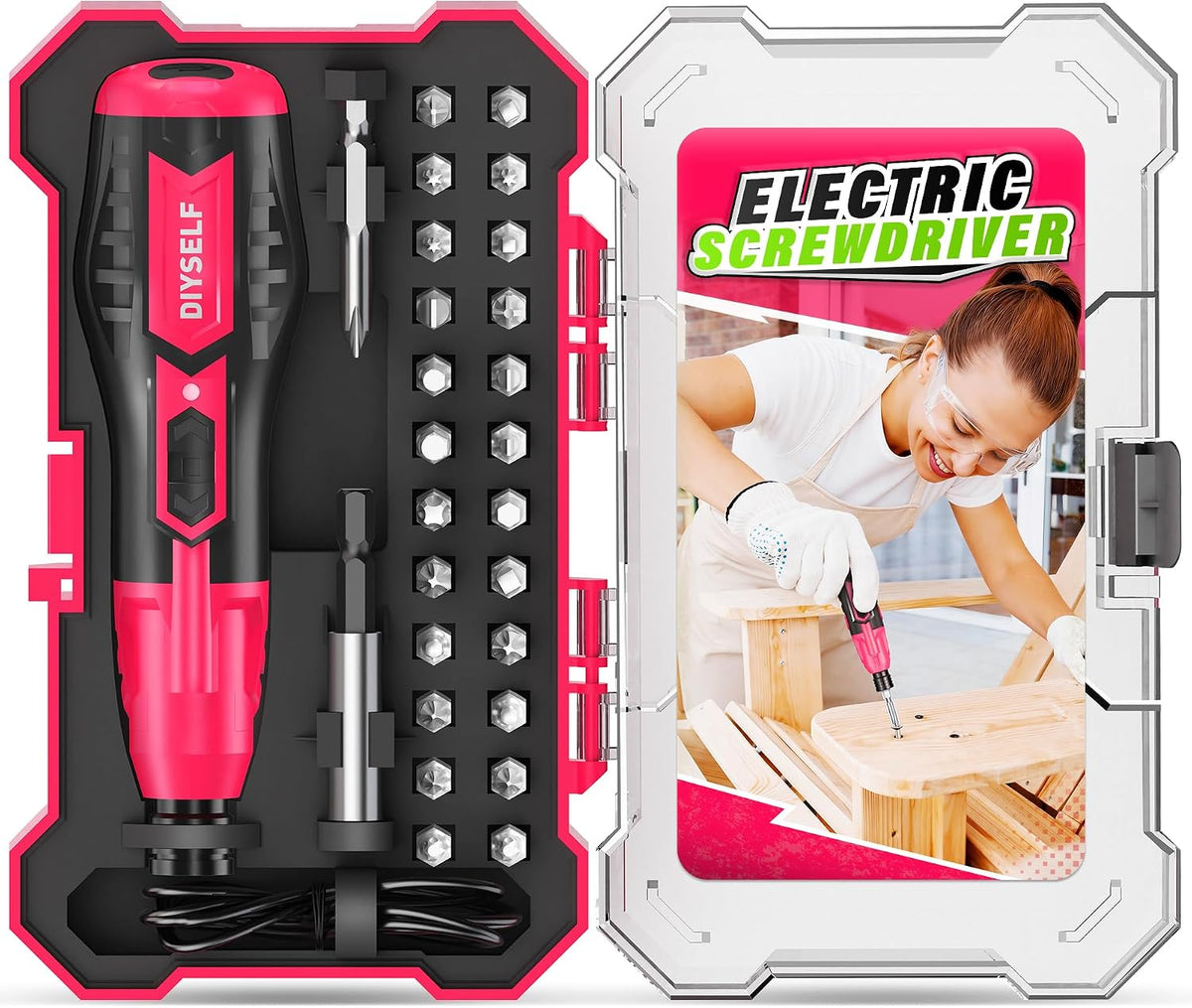 Electric Screwdriver, Cordless Power Screwdriver Set, 28-Piece,Pink