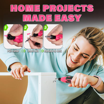Electric Screwdriver, Cordless Power Screwdriver Set, 28-Piece,Pink