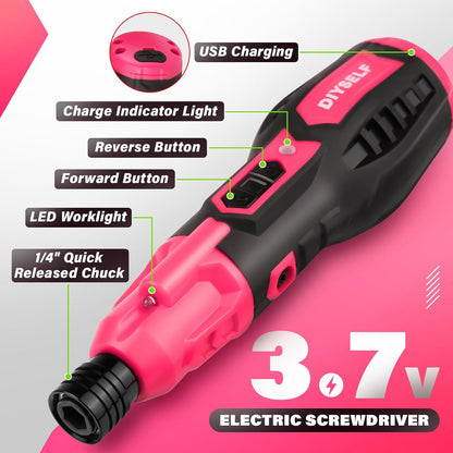 Electric Screwdriver, Cordless Power Screwdriver Set, 28-Piece,Pink