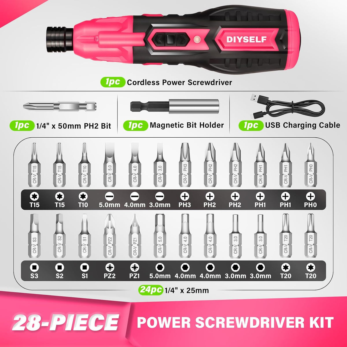 Electric Screwdriver, Cordless Power Screwdriver Set, 28-Piece,Pink