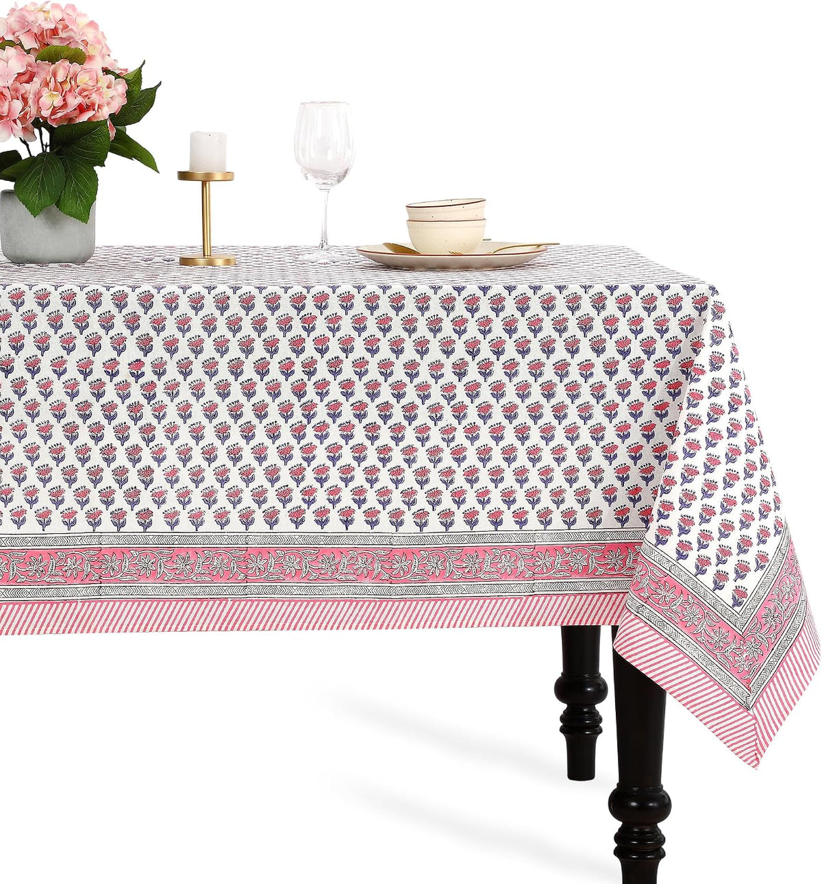 CPC Tablecloth 100% Cotton 60x90 Inch Indian Block Print Rectangle Table Cover, Washable Table Cloth for WeddingsSpring/Summer, Barbeque - Pink Sapphire