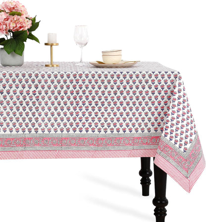 CPC Tablecloth 100% Cotton 60x90 Inch Indian Block Print Rectangle Table Cover, Washable Table Cloth for WeddingsSpring/Summer, Barbeque - Pink Sapphire