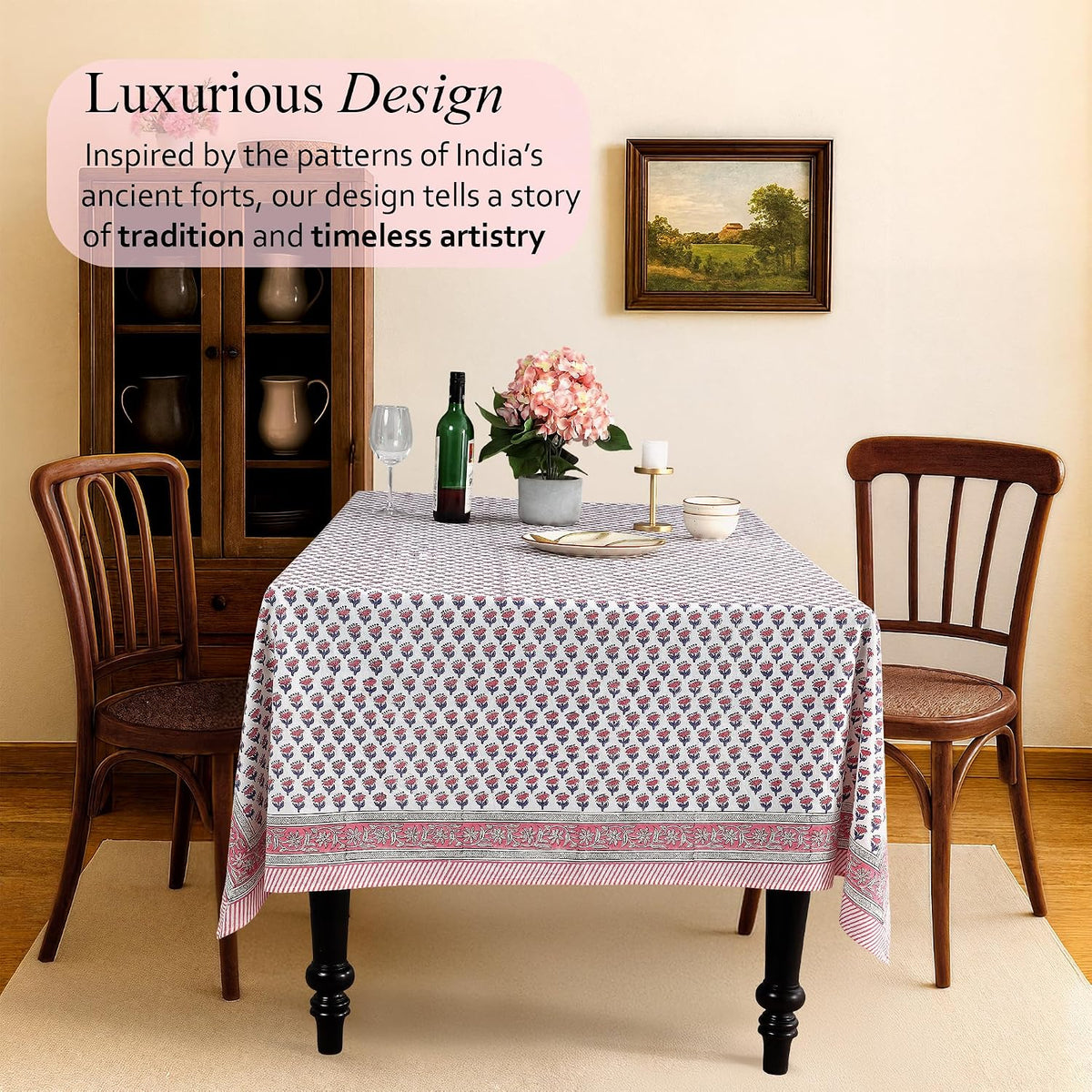 CPC Tablecloth 100% Cotton 60x90 Inch Indian Block Print Rectangle Table Cover, Washable Table Cloth for WeddingsSpring/Summer, Barbeque - Pink Sapphire