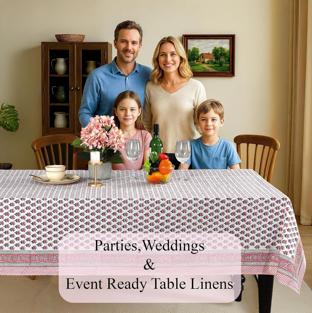 CPC Tablecloth 100% Cotton 60x90 Inch Indian Block Print Rectangle Table Cover, Washable Table Cloth for WeddingsSpring/Summer, Barbeque - Pink Sapphire