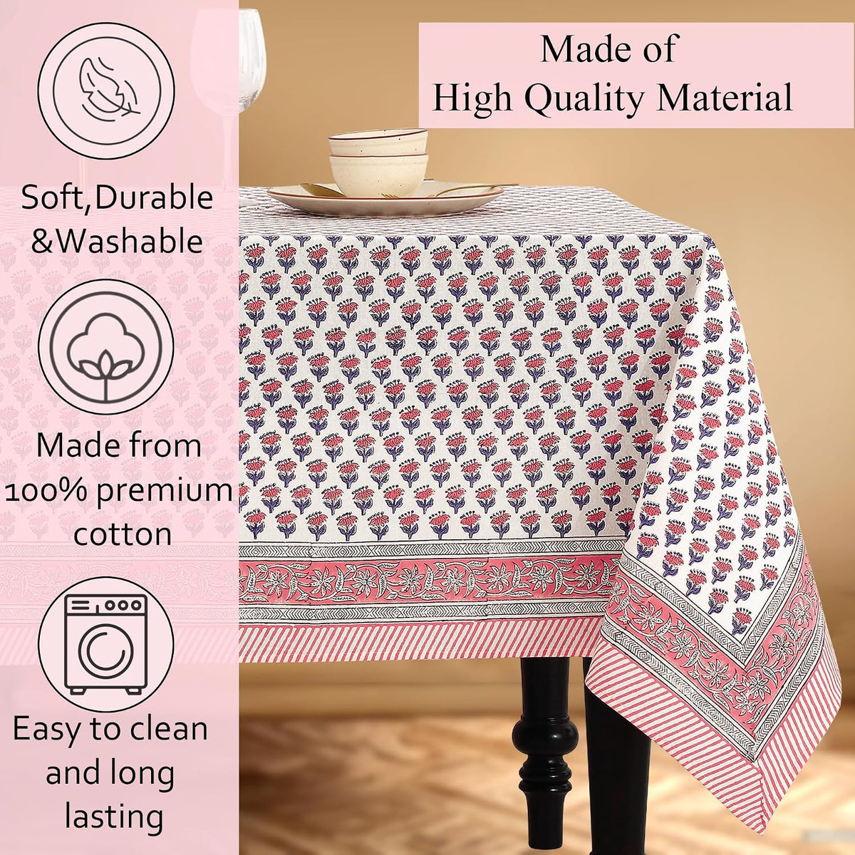 CPC Tablecloth 100% Cotton 60x90 Inch Indian Block Print Rectangle Table Cover, Washable Table Cloth for WeddingsSpring/Summer, Barbeque - Pink Sapphire