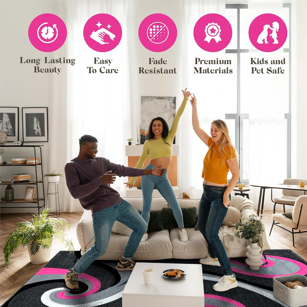 Abstract Rug 2x3 Small Rug Modern Rug Contemporary Area Rug Premium Colorful Thick Carpet for Living Room 327 Pink
