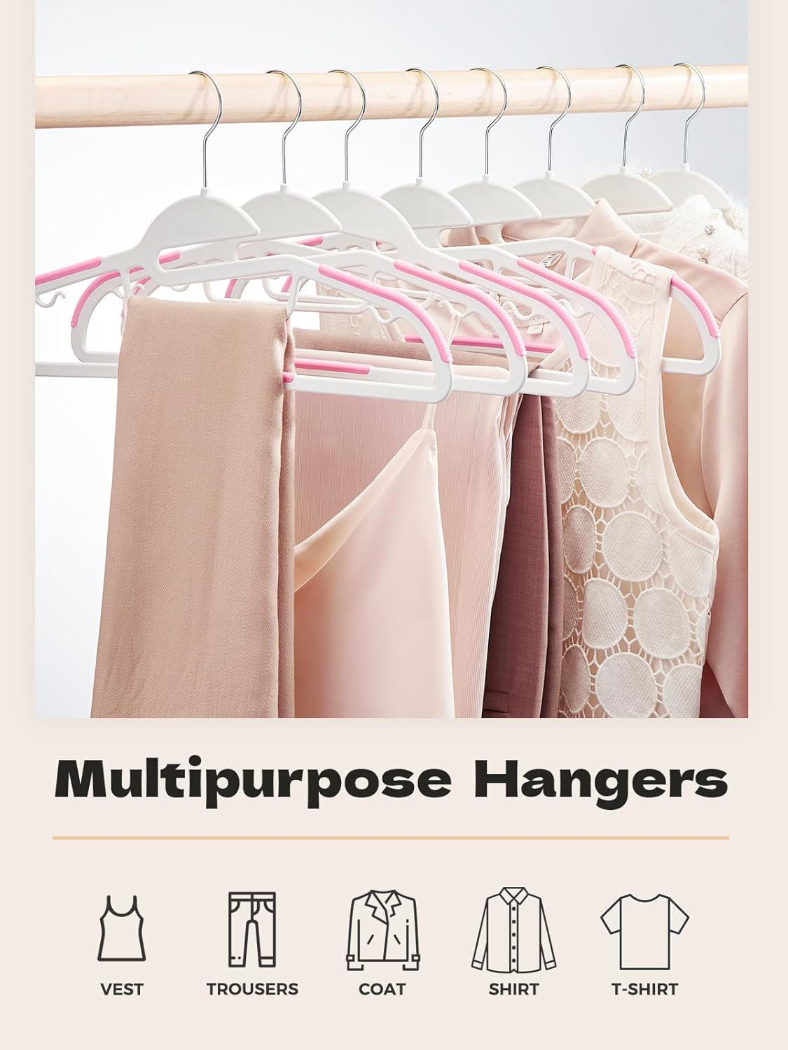Pink Plastic Hangers 50 Pack, Slim Space Saving, Non Slip Hangers with Rubber Pads, Sturdy Coat Hanger for Closet, S-Shaped Clothes Hanger for Shirt, Suit, Pant, Skirt