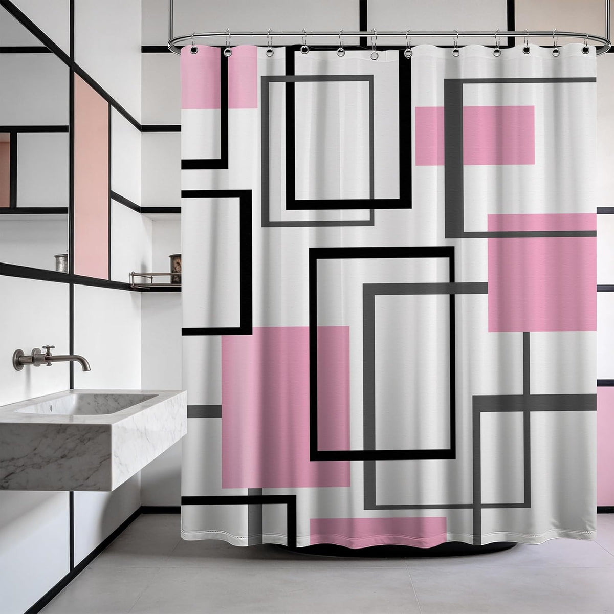 Light Pink Geometric Shower Curtain, 72x72 in, Pink and White
