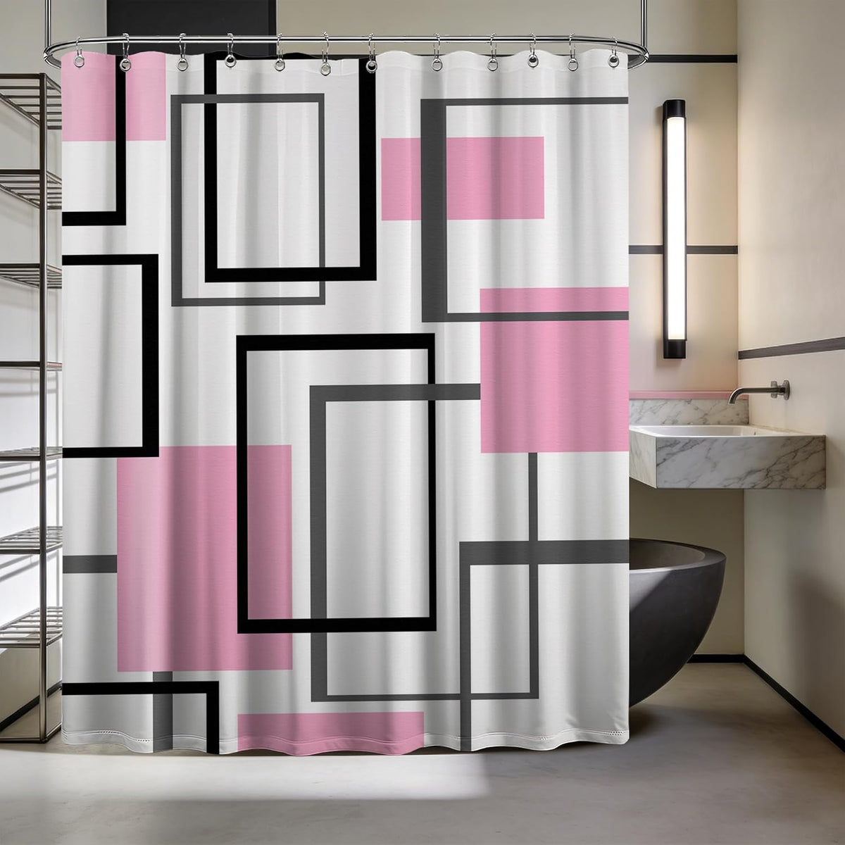 Light Pink Geometric Shower Curtain, 72x72 in, Pink and White