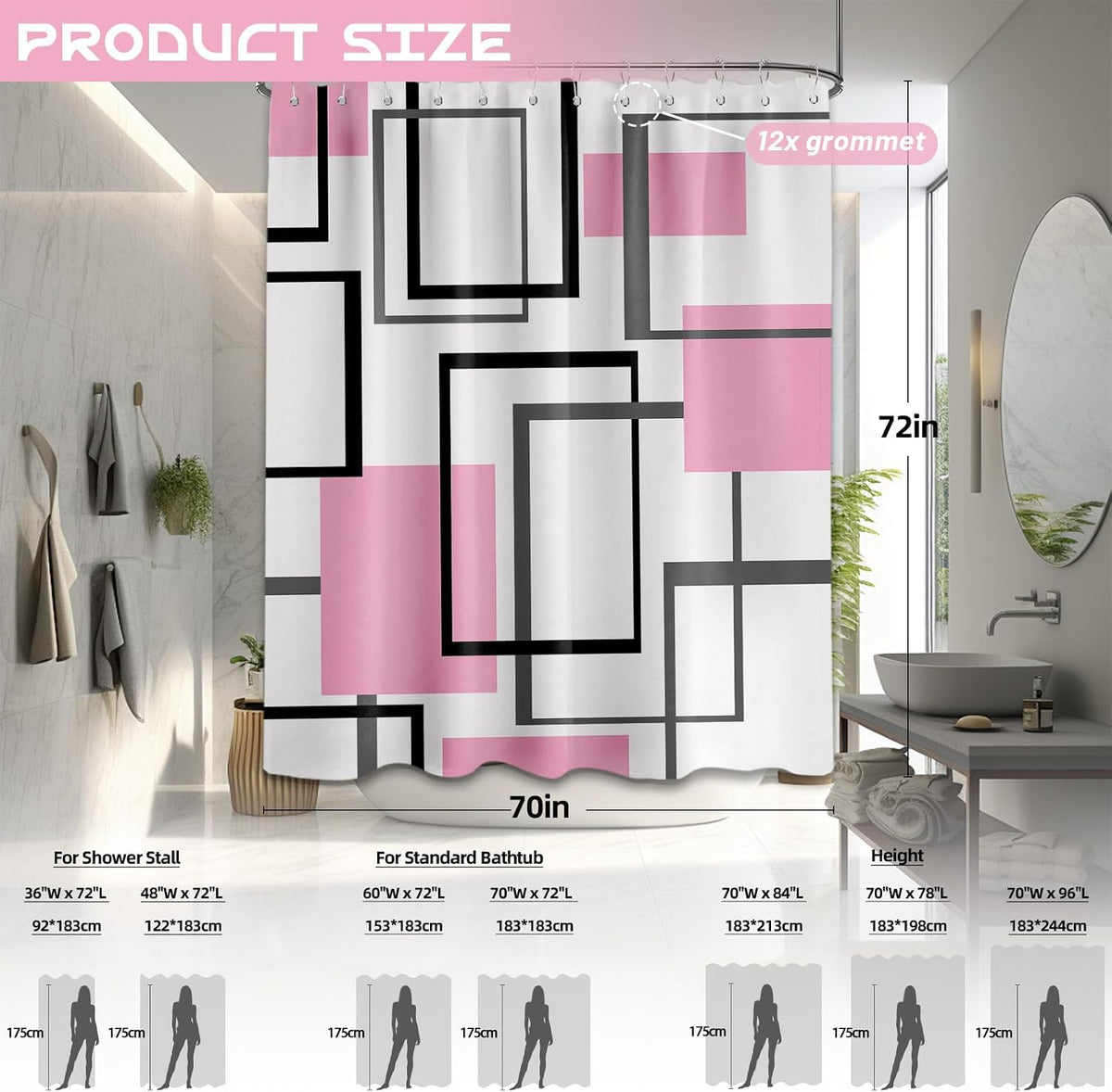 Light Pink Geometric Shower Curtain, 72x72 in, Pink and White