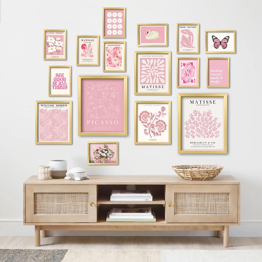 16 PCS Pink Wall Art Decor, Matisse Gallery Wall Prints for Bedroom, Light Pink Posters for Room Aesthetic, Collage Kit Pictures for Living Room, Teen Girls Dorm Home Artwork