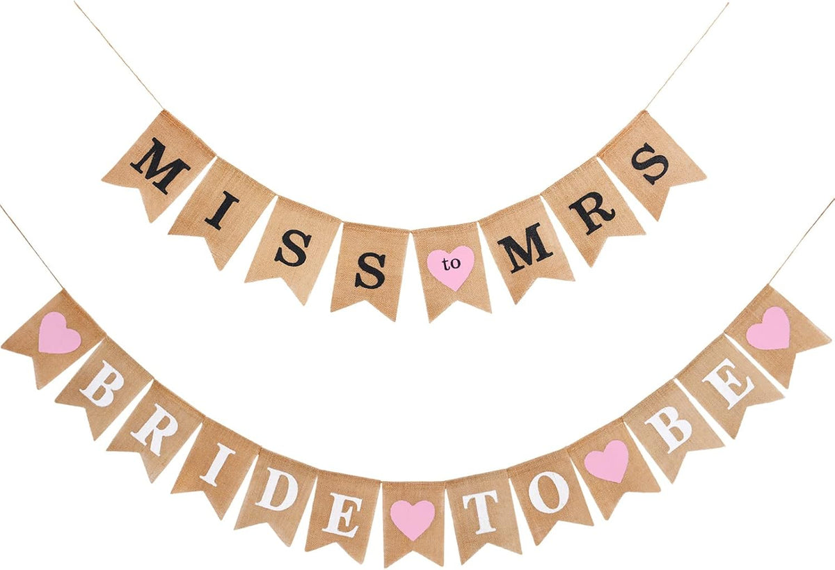 2 Pieces Bride Banner Burlap Bunting Bridal Shower Decorations, Pink