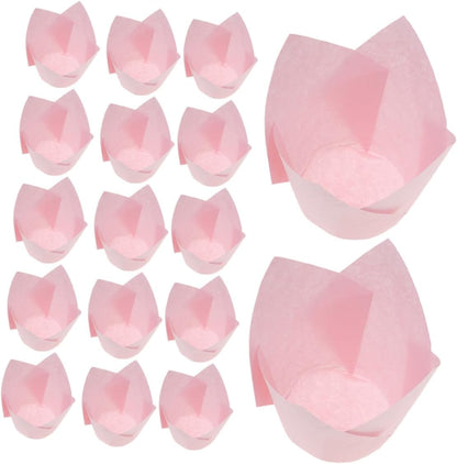 50pcs Pink Tulip Baking Liners Greaseproof Cupcake Wrappers Nonstick Paper Baking Cases for Birthday Party Weddings Disposable Cake Pan Liners