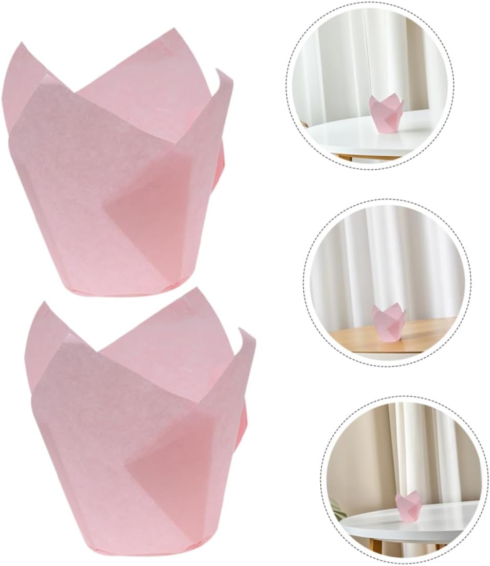 50pcs Pink Tulip Baking Liners Greaseproof Cupcake Wrappers Nonstick Paper Baking Cases for Birthday Party Weddings Disposable Cake Pan Liners