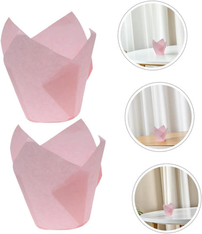 50pcs Pink Tulip Baking Liners Greaseproof Cupcake Wrappers Nonstick Paper Baking Cases for Birthday Party Weddings Disposable Cake Pan Liners