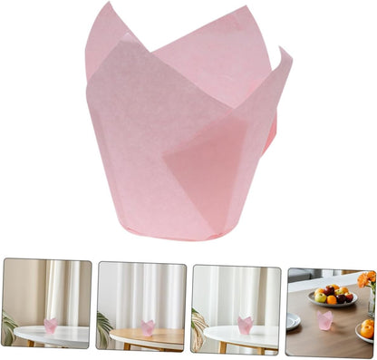 50pcs Pink Tulip Baking Liners Greaseproof Cupcake Wrappers Nonstick Paper Baking Cases for Birthday Party Weddings Disposable Cake Pan Liners