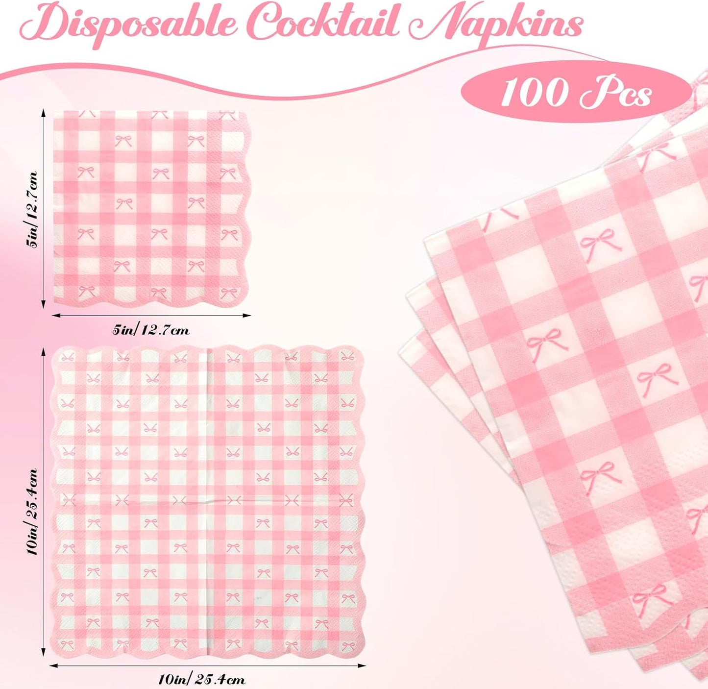 Glenmal 100 Pcs Pink Bow Scalloped Napkins, Bulk Pink Coquette Gingham Paper Napkins, Disposable Cocktail Napkin for Wedding, Birthday, Baby Shower, Bridal Shower Party Supplies