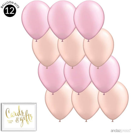 11-inch Latex Balloon Duo Party Kit with Gold Cards & Gifts Sign, Blush Pink and Peach, 12-pk, For Champagne Rose Girl Baby Shower Engagement Bridal Shower