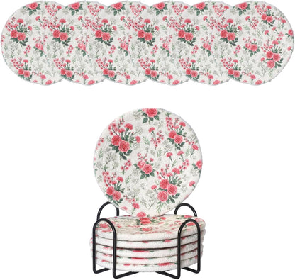 Woven Cotton Drink Coasters with Holder, Pink Rose, 6 Pack