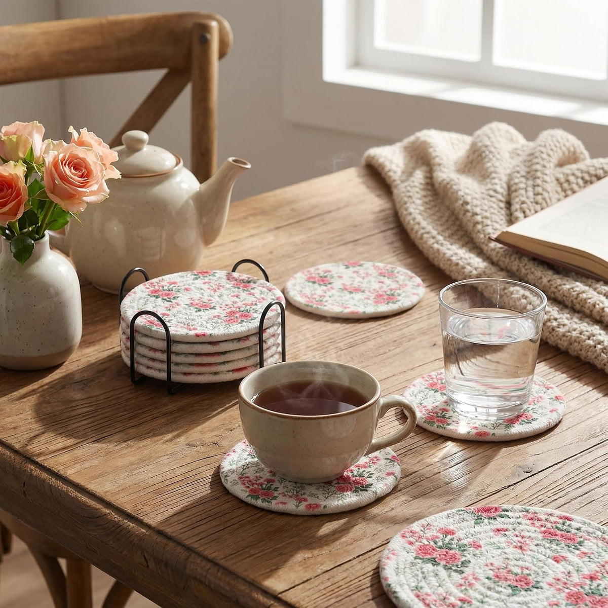 Woven Cotton Drink Coasters with Holder, Pink Rose, 6 Pack