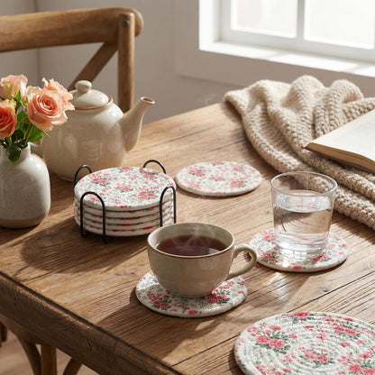 Woven Cotton Drink Coasters with Holder, Pink Rose, 6 Pack