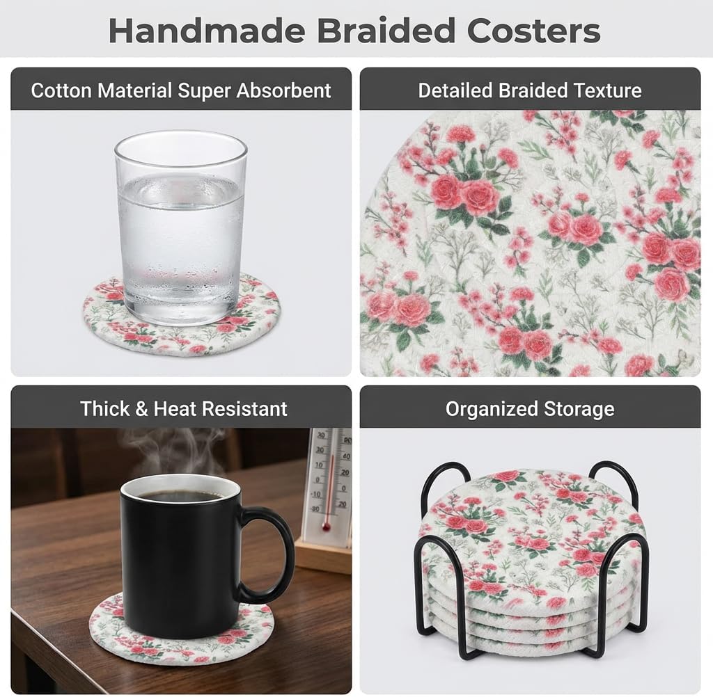 Woven Cotton Drink Coasters with Holder, Pink Rose, 6 Pack