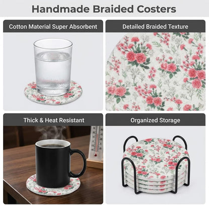 Woven Cotton Drink Coasters with Holder, Pink Rose, 6 Pack